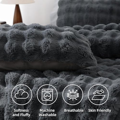 YIKUSH Queen Faux Fur Comforter Set, Fluffy Dark Gray Rabbit Fur Comforter