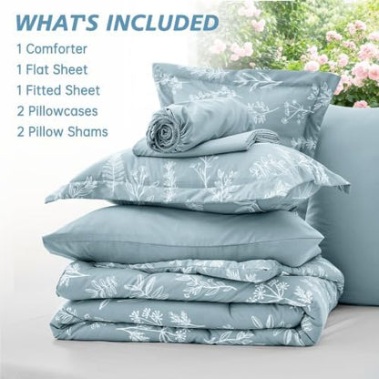 MUXHOMO Oversized King Comforter Set, Mineral Blue Elegant Floral Print Bed in a Bag 7 Pieces, Soft & Breathable Reversible Botanical Pattern Bedding Set with Comforter, Sheets, Pillowcases, and Shams