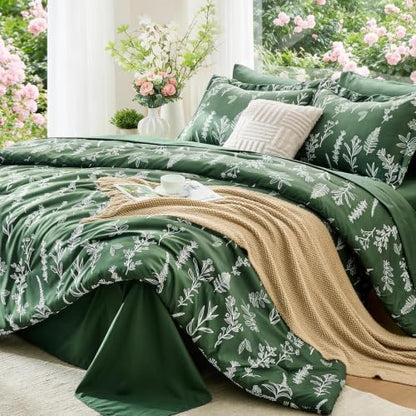 MUXHOMO Oversized Queen Comforter Set, Dark Green Elegant Floral Print Bed in a Bag 7 Pieces, Soft & Breathable Reversible Botanical Pattern Bedding Set with Comforter, Sheets, Pillowcases, and Shams