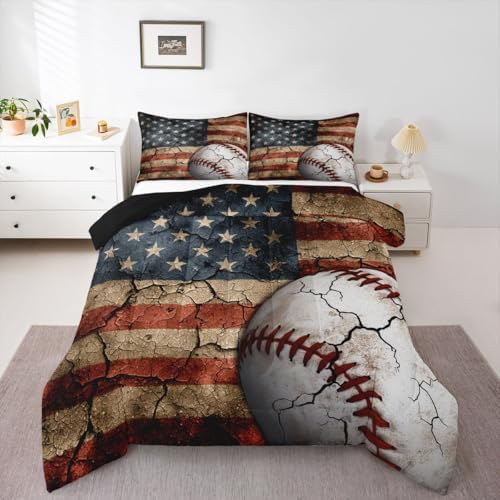Erosebridal Baseball Comforter Set, Boys American Flag Bedding Set King Size Sports Games Down Comforter United States Federations Stars Stripes Quilt for Kids Teens Bedroom, Baseball Gift for Boys