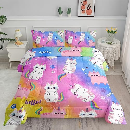 Axolotl Cat Bedding Comforter Set King,Cartoon Cat Bedding,Rainbow Gradient Printed Kids Bedding Set for Girls Adults Teens,Cute Kids Comforter All Season,1 Quilt 2 Pillow Cases,Colorful Pink Blue