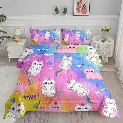 Axolotl Cat Bedding Full Cartoon Comforter Set, Rainbow Printed Kids & Adults Bedding Set, All Season, 1 Quilt 2 Pillow Cases, Colorful Pink Blue