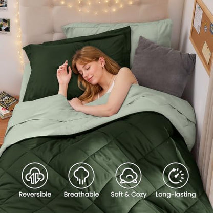MUXHOMO 5 Pieces Twin XL Comforter Set, Reversible Bed in a Bag Twin XL Size, All Season Bedding Set with Comforter, Flat Sheet, Fitted Sheet, Pillowcases & Shams, Dark Green & Light Green