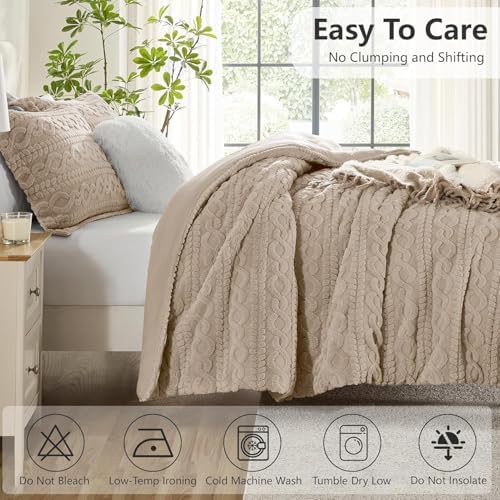 Homelike Moment Fleece King Comforter Set Beige, Fluffy Bed Set 3 Piece