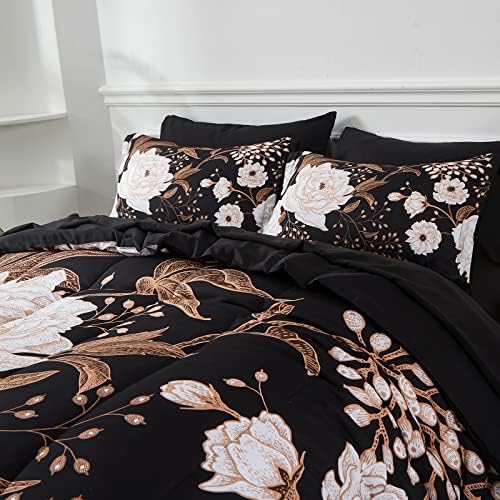 Yogeneg 7 Piece Bed in a Bag Full Size Comforter Set Botanical Floral Bedding Set,White Flower Leaves Printed on Black Reversible Design,Soft Microfiber Comforter with Sheet Set,All Season(Black,Full)