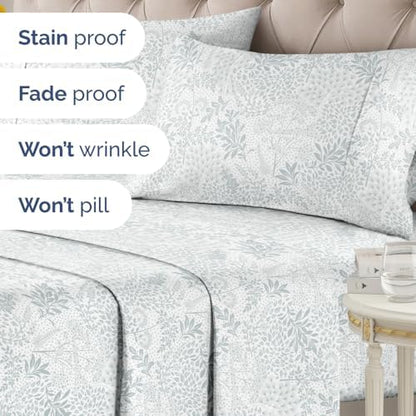 King 4 Piece Floral Sheet Set - Soft, Breathable & Cooling - Gray Ferns