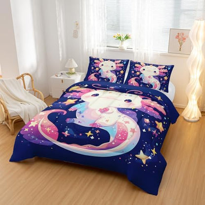 Nttopship Cartoon Axolotl Comforter Bedding Set with 2 Pillowcase King Size Pink Salamander Comforter Set for Kids Boys Girls Bedroom Decor