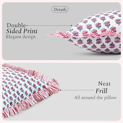 CPC Block Print Pink Sapphire Ruffle Cotton Lumbar Pillow Cover 14x36 inch