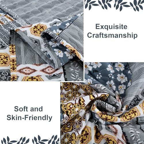 Mybedsoul Boho Quilts Queen Size, Floral Patchwork Bedding Set, Dark Grey
