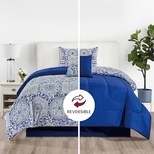 LUX Décor Reversible 4pc Twin Comforter Set, Printed Bedding Set, Microfiber Bed in a Bag, Includes 1 Comforter, 1 Pillow Sham, 1 Decor Pillow & 1 Bed Skirt (Aztec Blue,Twin)