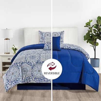 LUX Décor Reversible 4pc Twin Comforter Set, Printed Bedding Set, Microfiber Bed in a Bag, Includes 1 Comforter, 1 Pillow Sham, 1 Decor Pillow & 1 Bed Skirt (Aztec Blue,Twin)