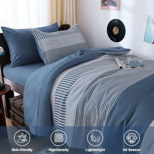 Cottolester Kids Comforter Sets Twin Size,Mineral Blue Striped Comforter
