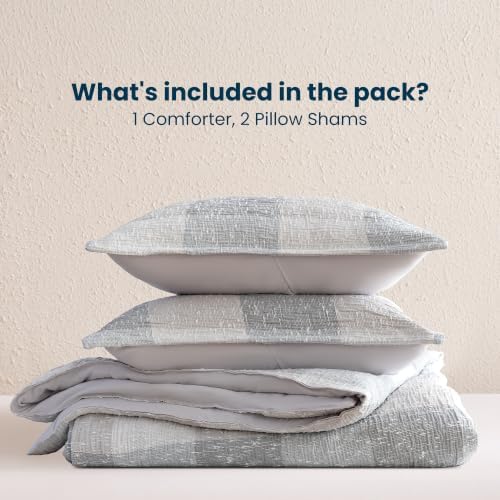 SLEEP ZONE Comforters Full Set, Modern Plaid Bedding Set Gray White 3 Pcs