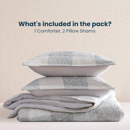 SLEEP ZONE Comforters Full Set, Modern Plaid Bedding Set Gray White 3 Pcs