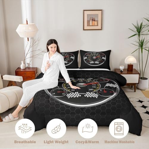 Feelyou Speed Sports Car Bedding Set Soft for Boys Girls, Steering Wheel Comforter Set Queen Size Racing Duvet Quilt Microfiber Extreme Sports Bedroom Decor Automobile 3 Pcs with 2 Pillow Cases