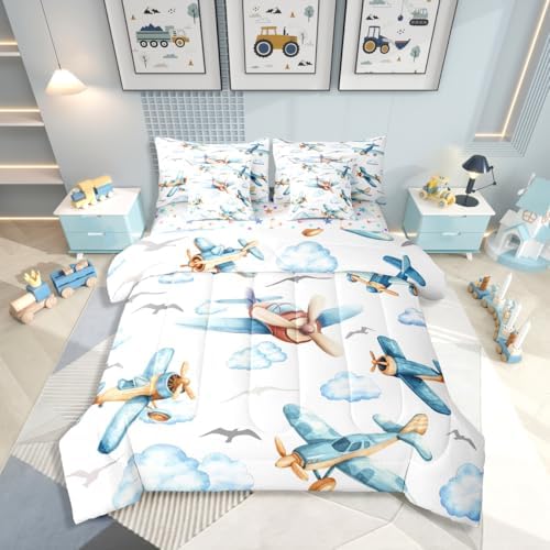 Erosebridal Boys Cartoon Propeller Plane Full 7 Pcs Bedding Set, Aircraft Airplane Comforter Set with Sheets, Blue Clouds Bed in A Bag for Kids Girls Adults Bedroom, Flying Birds Animals Bed Sets
