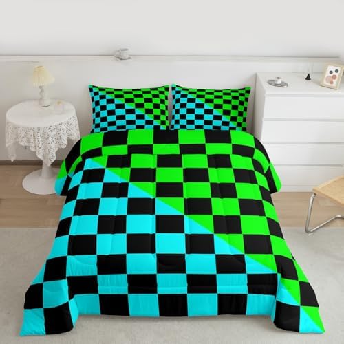 Feelyou Checkered Retro Comforter Set King Size Modern Geometric Cute Bedding Set for Kids Boys Girls Teal Green Duvet Quilt Vintage Simple Groovy Aesthetic Bedroom Decor 3 Pcs with 2 Pillow Cases