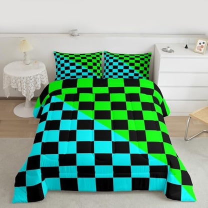 Feelyou Checkered Retro Comforter Set King Size Modern Geometric Cute Bedding Set for Kids Boys Girls Teal Green Duvet Quilt Vintage Simple Groovy Aesthetic Bedroom Decor 3 Pcs with 2 Pillow Cases