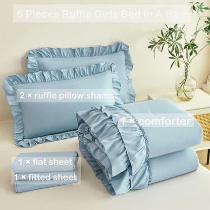 ANGIYUIN Dusty Blue Twin Size Comforter Set 5 Pieces Ruffled Bed in A Bag