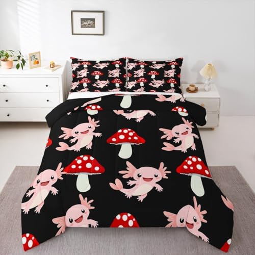 Erosebridal Cute Mushroom Down Comforter Queen Kawaii Coastal Axolotl Bedding Set for Kids Girls Women Pink Axolotl Red Mushrooms Comforter Set Fish Botanical Plant Bedding Quilted 3 Pcs