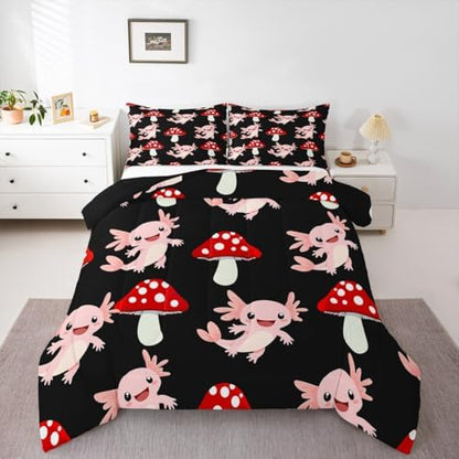 Erosebridal Cute Mushroom Down Comforter Queen Kawaii Coastal Axolotl Bedding Set for Kids Girls Women Pink Axolotl Red Mushrooms Comforter Set Fish Botanical Plant Bedding Quilted 3 Pcs