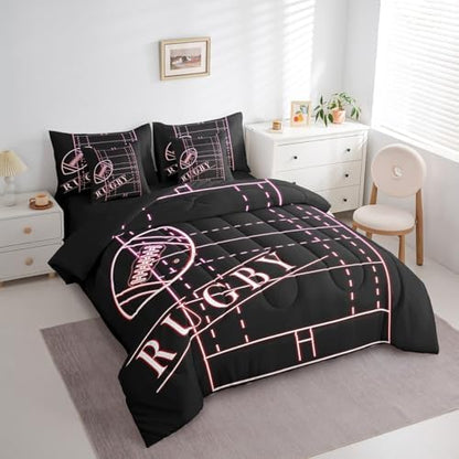 Erosebridal Soccer Bedding Comforter Sets 7pcs for Girls Room Sport Bed in a Bag, Glowing Football Field Full Bedding Sets Sports Gamer Comforter Set, Gradient Neon Pink Bedding Sets & Collections