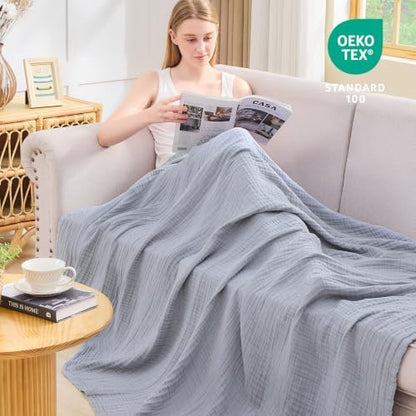 EMME Muslin Blankets for Adults Throw Blanket for Couch Breathable Gauze Soft Lightweight Airy Dusty Blue Super King 120" x 94"