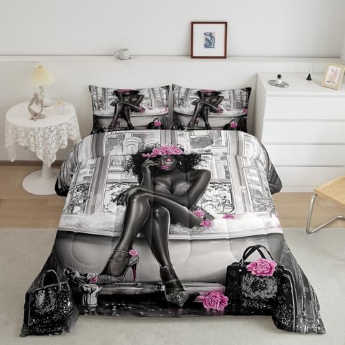 jejeloiu Afrcian American Woman Comforter Set Full Size Kids Pink Black Bedding Set Boys Girls Teens Ethnic Afro Duvet Breathable Traditional Exotic Quilt Bedroom Decor,1 Comforter with 2 Pillowcase