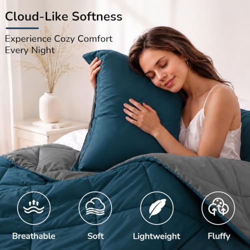 downluxe California King Comforter Set Soft Reversible 3 Pieces, Ocean/Gray