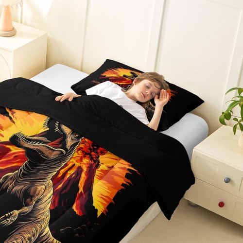 Feelyou Kids Dino Kids Comforter Set Toddler Size Dinosaur Bedding Set Volcano Duvet Quilt for Kids Boys Girls Bedroom Ancient Jungle Dinosaur Decor Yellow Black Microfiber Ultra Soft Breathable
