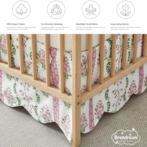 Brandream Scallop Edge Crib Skirt Organic Cotton Toddler Bedskirt Floral Stripes and Vines Baby Nursery Crib Bed Skirt Neutral Vintage Green Pink Floral Bouquet Farmhouse Chic Boho Bohemian Skirt
