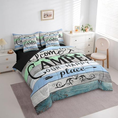 Erosebridal Kids Camping 7 Piece Bedding Sets Twin,Rustic Farmhouse Old Barn Door Comforter Set Bed in a Bag,Woodland Camper Car Bed Sheets,Cartoon Camper Duvet Set,Vintage Style Camping Theme Quilt