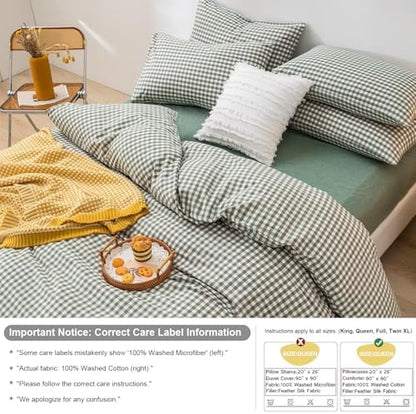 mixinni Green Gingham Comforter Set King, Plaid Comforter Set 3 Pieces 1 Green Grid Comfoter with 2 Pillow Cases for All Seasons, Soft Fluffy Modern Grid Pattern Printed Bedding-King Size
