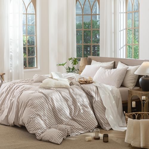 MooMee Striped Duvet Cover Set 100% Washed Cotton Linen Like Queen
