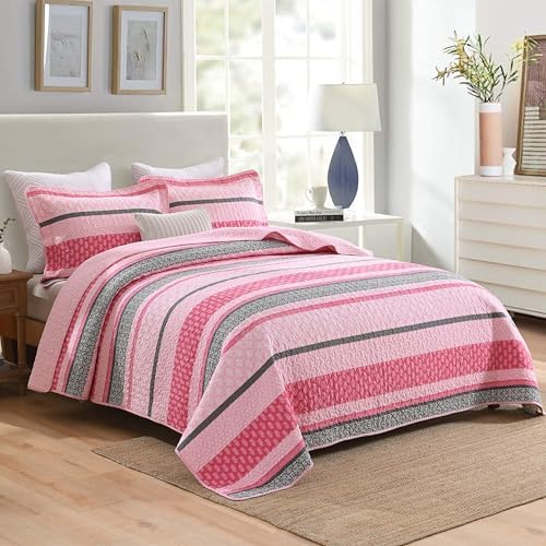 Homzard King Size Comforter Set, Cotton Quilt, Hot Pink Grey Bedding Set,Lightweight Striped Bedspread, Reversible Coverlet King Size (106"X98") with 2 Pillow Shams All Season