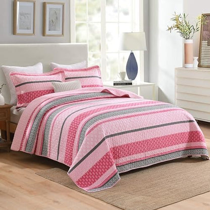 Homzard King Size Comforter Set, Cotton Quilt, Hot Pink Grey Bedding Set,Lightweight Striped Bedspread, Reversible Coverlet King Size (106"X98") with 2 Pillow Shams All Season
