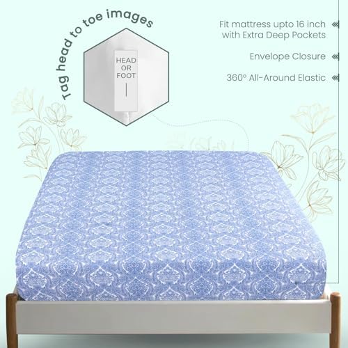 Feather & Stitch Fitted Sheet Only, 100% Cotton 300TC Lightweight Cooling & Breathable Percale Weave Fitted Sheet 16" Regular Elastic Deep Pocket Soft Bedding Mattress (King, Blue Paisley)
