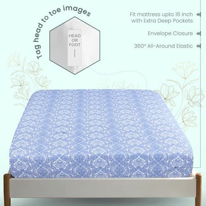 Feather & Stitch Fitted Sheet Only, 100% Cotton 300TC Lightweight Cooling & Breathable Percale Weave Fitted Sheet 16" Regular Elastic Deep Pocket Soft Bedding Mattress (King, Blue Paisley)