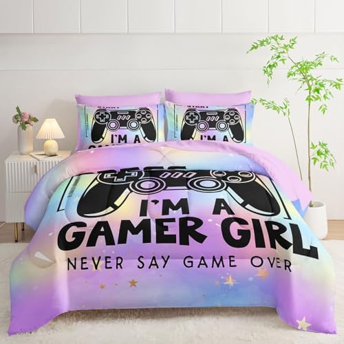 7Pcs Comforter Set Black Game Console Multi Color Printed Bedding Set with 1 Comforter,1 Flat Sheet,1 Fitted Sheet and 4 Pillowcases for Boys and Girls Bedroom All Season(Queen)