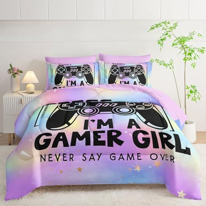 7Pcs Comforter Set Black Game Console Multi Color Printed Bedding Set with 1 Comforter,1 Flat Sheet,1 Fitted Sheet and 4 Pillowcases for Boys and Girls Bedroom All Season(Queen)