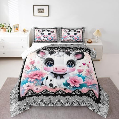 Feelyou Kids Cute Highland Cow Comforter Set Queen Size Cartoon Highland Cattle Bowknot Bedding Set Boys Girls Flowers Floral Pattern Quilt Set Black Lace Pattern Bed Set