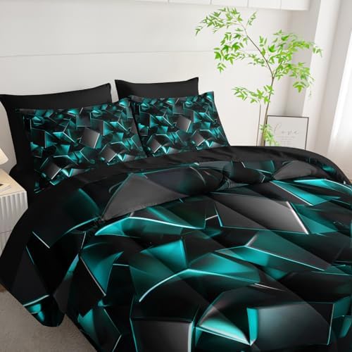 Nttopship Turquoise Black Geometric Comforter Set Queen Size 7PCS,Abstract Triangular Printed Bedding Set for Adults,Geometric Mordern Art Decor All Seasons with Pillowcases,Flat, Fitted Sheet