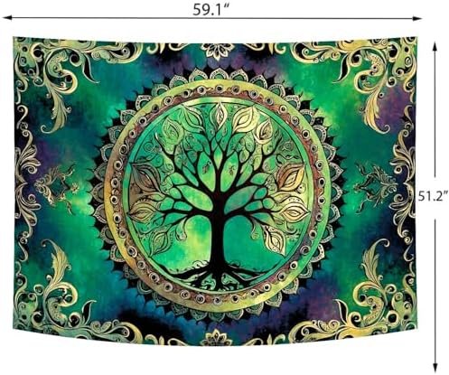 Delur Tree of Life Tapestry Green Nature Bohemian Mandala Spiritual Tapestry Wall Hanging Mystical Landscape Hippie Psychedelic Headboard for Bedroom Living Room Home Decor (51.2" x 59.1")