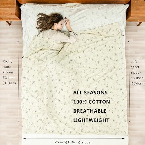 100% Cotton Sleeping Bag Liner with Full Length Zipper on 3 Sides; Single/Double Adult Sleep Sack for Travel & Camping, Multifunctional Travel Sheets (Unzipped 87”x87”) for Hotel, Lightweight