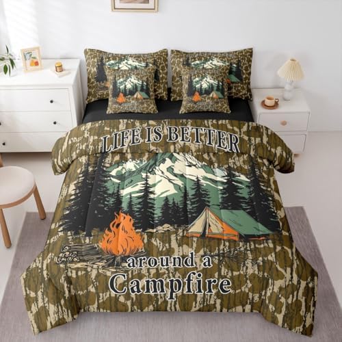 Erosebridal Camouflage 7 Piece Comforter Set Twin Kids Camo Camping Bed in A Bag Rv Campsite Camper Bedding Sets for Kids Boys Girls Military Style Army Green Wild Room Decor Sheet Set with Comforter