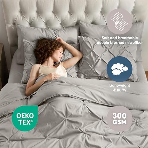 Nestl 9 Piece Queen Comforter Set – Linen Pinch Pleated Bed in a Bag – Complete Queen Size Bedding Set with Sheets, Set of 2 Cooling Pillows, Pillowcases and Shams