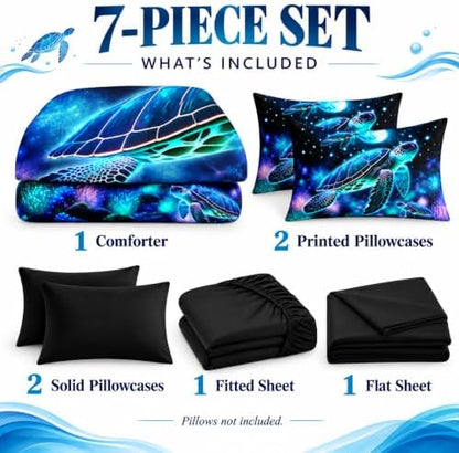 AILONEN Blue Turtle Comforter Set Queen Size,7-Piece Soft Bed in a Bag,Fairy Ocean Sea Turtle Comforter & Fitted Sheet with Flat Sheet & 2 Pillowcases,2 Pillow Shams for Bedroom