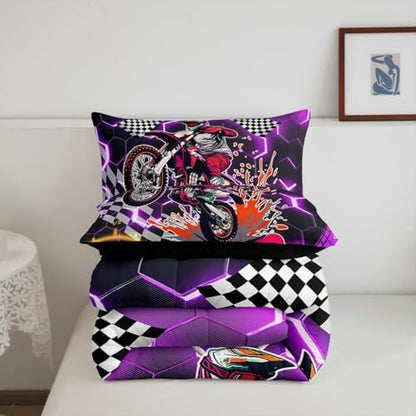 Erosebridal Racing Motorcycle Twin Comforter Set for Boys,Purple Neon Lights Honeycomb Bedding Set Dirt Bike Motocross Quilt Moto Extreme Sports Duvet Insert,Black White Lattice Buffalo Plaid Decor