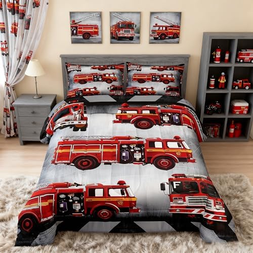 Manfei Fire Truck Comforter Set Twin Size Red Fire Engine Duvet Insert Cartoon Firemen Car Vehicle Bedding Set 2pcs for Kids Boys Teens Firefighter Transportation Dowm Comforter with 1 Pillowcase