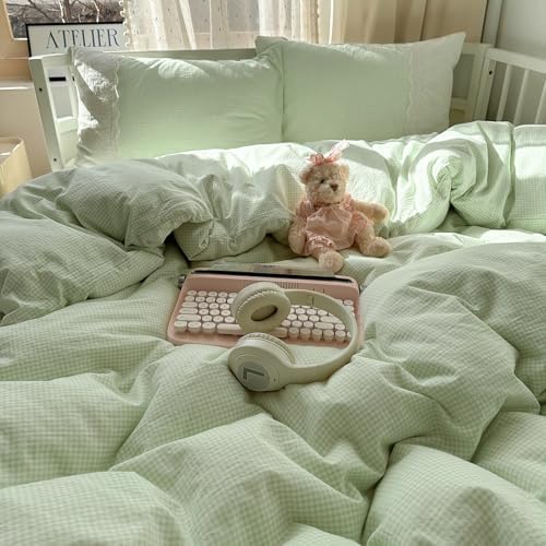 VM VOUGEMARKET White Lace Duvet Cover Twin Green Plaid Gingham Duvet Cover with 2 Romantic lace Pillowcases Soft Cozy Grid Bedding Set for Teen Girls